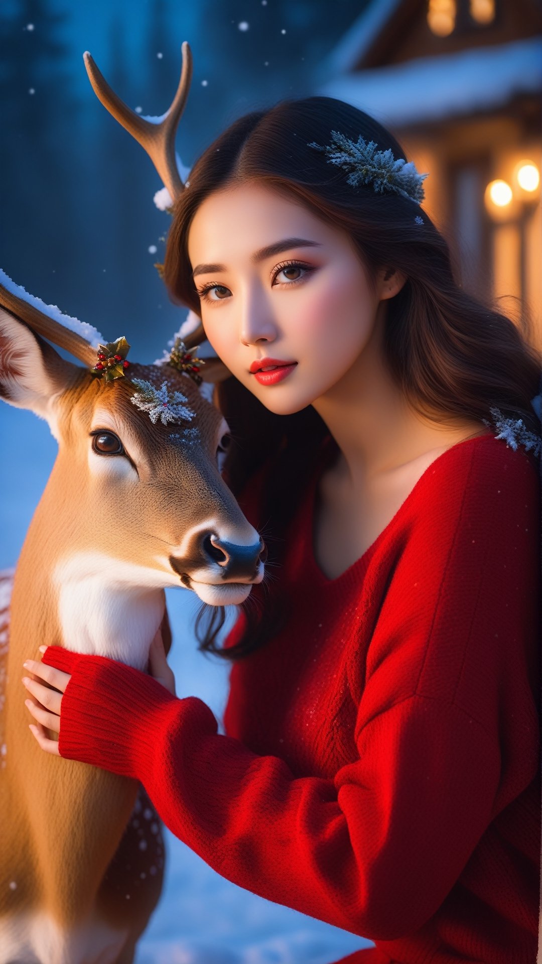 Sweet girl wearing a red sweater, hugging a deer, (best quality,4k,8k,highres,masterpiece:1.2),ultra-detailed,(realistic,photorealistic,photo-realistic:1.37),inner glowing shining,girl figure,transparent body,beautiful detailed eyes,beautiful detailed lips,extremely detailed eyes and face,long eyelashes,soft flowing hair,graceful pose,ethereal christmas atmosphere,soft ambient lighting,subtle color grading,sublime beauty,sublime beauty,ethereal christmas  background,captivating aura,magical scene,gentle mist,serene environment,surreal ambiance,impeccable composition,vivid colors,luminous glow,fantasy element,mysterious charm,dreamlike quality,hauntingly beautiful,peaceful expression,serene atmosphere,effortless elegance,enchanting allure,mesmerizing presence,sublime grace, sweet expression, tenderness transcendent beauty,Star and Sea, tenderness, candid expression, sweet pose,beautymix