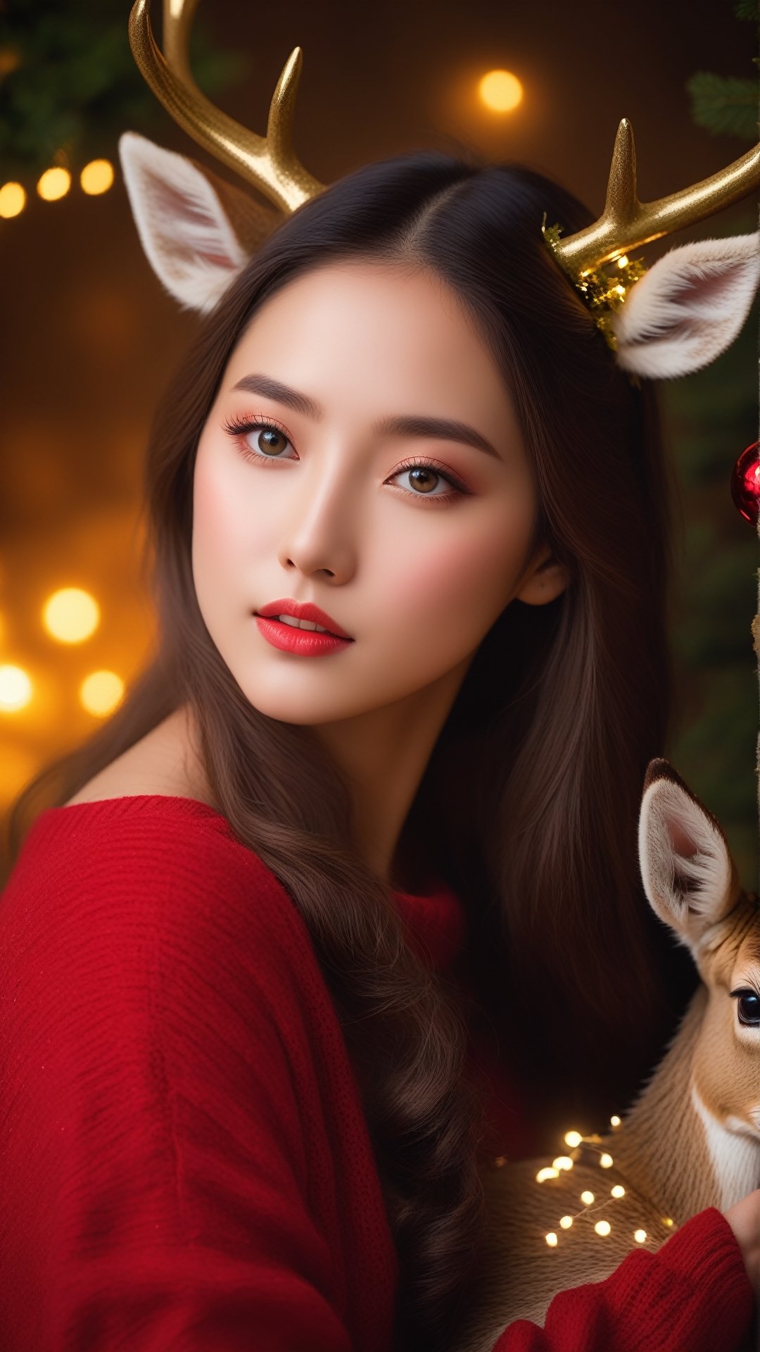 Sweet girl wearing a red sweater, hugging a deer, (best quality,4k,8k,highres,masterpiece:1.2),ultra-detailed,(realistic,photorealistic,photo-realistic:1.37),inner glowing shining,girl figure,transparent body,beautiful detailed eyes,beautiful detailed lips,extremely detailed eyes and face,long eyelashes,soft flowing hair,graceful pose,ethereal christmas atmosphere,soft ambient lighting,subtle color grading,sublime beauty,sublime beauty,ethereal christmas  background,captivating aura,magical scene,gentle mist,serene environment,surreal ambiance,impeccable composition,vivid colors,luminous glow,fantasy element,mysterious charm,dreamlike quality,hauntingly beautiful,peaceful expression,serene atmosphere,effortless elegance,enchanting allure,mesmerizing presence,sublime grace, sweet expression, tenderness transcendent beauty,Star and Sea, tenderness, candid expression, sweet pose,beautymix