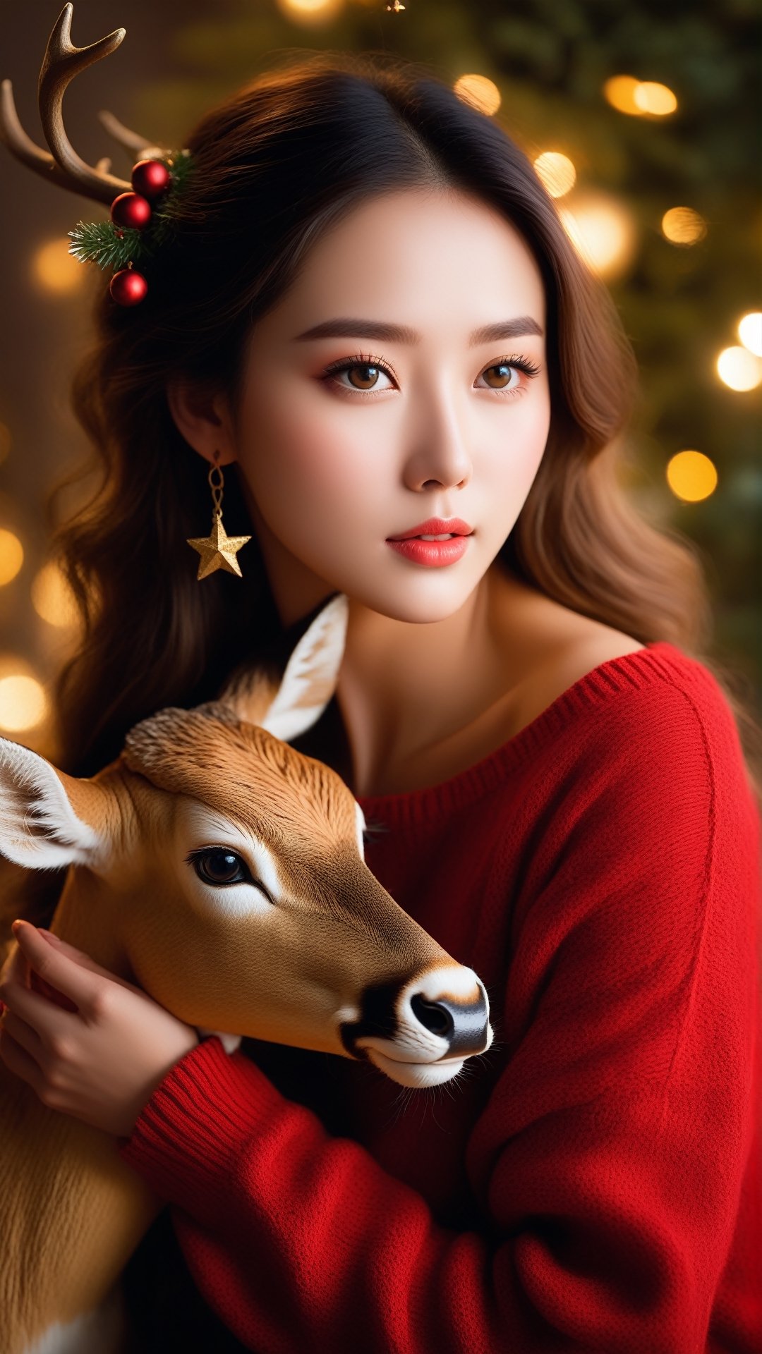 Sweet girl wearing a red sweater, hugging a deer, (best quality,4k,8k,highres,masterpiece:1.2),ultra-detailed,(realistic,photorealistic,photo-realistic:1.37),inner glowing shining,girl figure,transparent body,beautiful detailed eyes,beautiful detailed lips,extremely detailed eyes and face,long eyelashes,soft flowing hair,graceful pose,ethereal christmas atmosphere,soft ambient lighting,subtle color grading,sublime beauty,sublime beauty,ethereal christmas  background,captivating aura,magical scene,gentle mist,serene environment,surreal ambiance,impeccable composition,vivid colors,luminous glow,fantasy element,mysterious charm,dreamlike quality,hauntingly beautiful,peaceful expression,serene atmosphere,effortless elegance,enchanting allure,mesmerizing presence,sublime grace, sweet expression, tenderness transcendent beauty,Star and Sea, tenderness, candid expression, sweet pose,beautymix