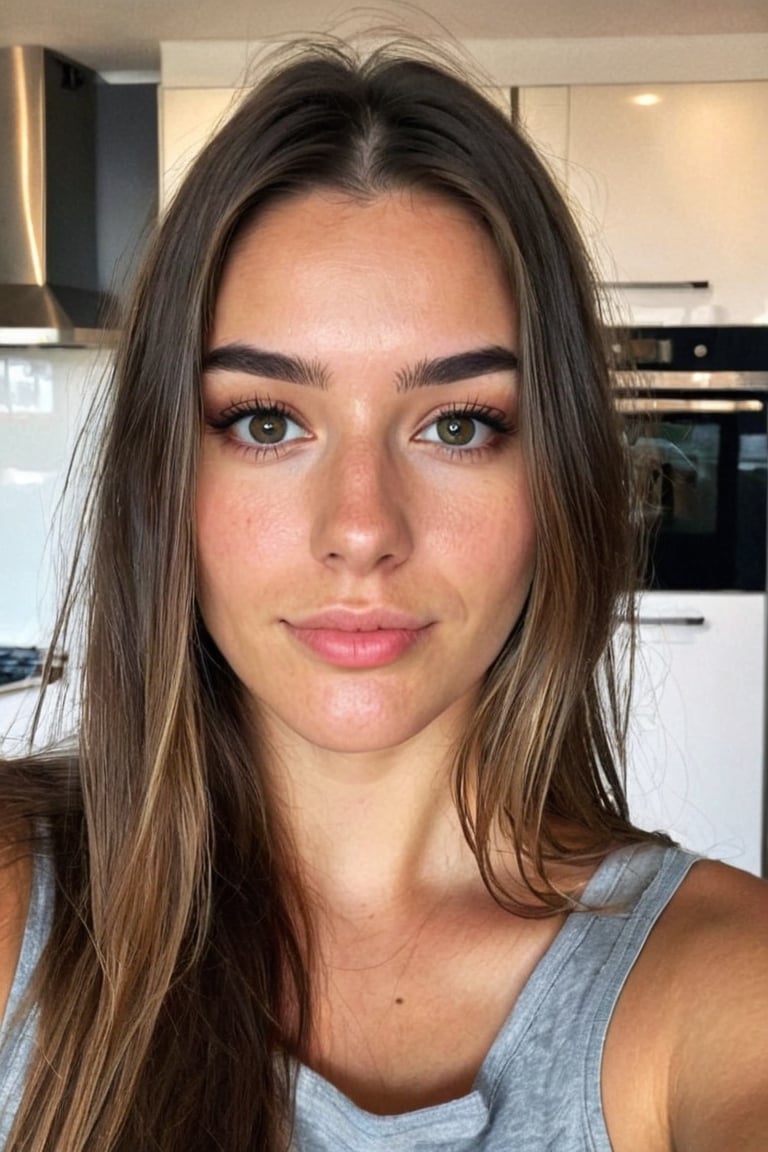 mujer joven de rostro perfecto, mujer con rasgos noruegos, mujer noruega,  sonrie para la fotografia realista, mujer en su cocina posa para una fotografia, selfie, selfie de cuerpo completo, 