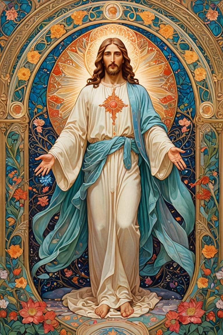 Glorious resurrection of the Savior, (stylized_artnouveau_illustration:1.2), dignified and serene Jesus rising in divine majesty, face peaceful and benevolent, ornate halo of light behind him, intricate celestial mandala patterning his flowing robes, sacred stigmata on hands and feet, the tomb opened with light pouring forth, cherubic figures observing in awe, vibrant easter colors, swirling organic compositions, delicate linework,itacstl