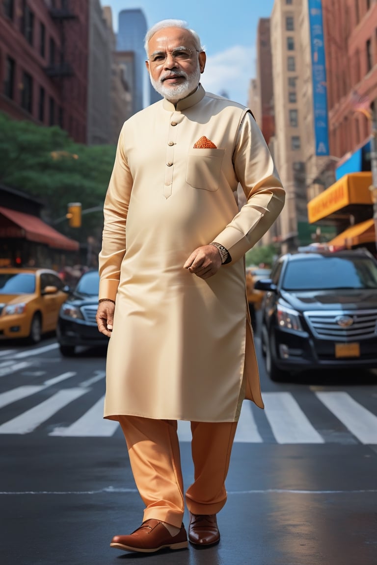 Pixar-style full-length caricature of a mischievous narendra modi in a dynamic pose on a New York city street, wearing a Kurta pajama, created by Greg Rutkowski with sharp focus, depth of field, perfect composition and intricate details. , trending on ArtStation and featured on Pixiv Fanbox, digital art, 8K HDR, ultra-realistic, with the feeling