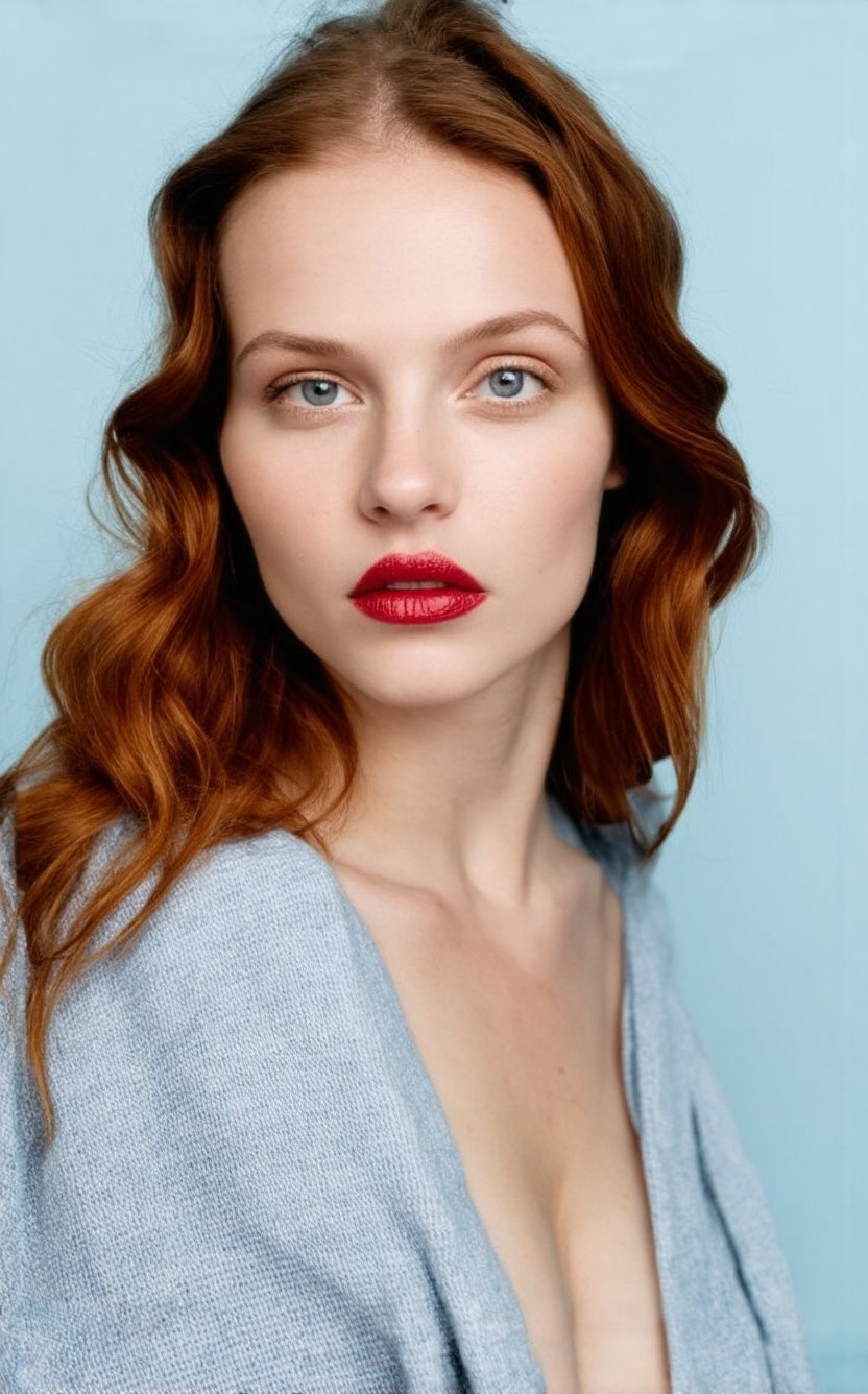 in a medium, eye-level shot, a fair-skinned woman with long, wavy red hair is captured against a light blue backdrop. she's adorned with a light blue scarf draped over her shoulders, adding a touch of elegance to her look. her gaze is directed towards the upper right corner of the frame, while her mouth is slightly ajar, revealing a hint of her lower lip. her eyes, a striking blue, are accentuated by a light brown hue on her cheeks and a darker brown on her lips. her hair, a vibrant shade of red, is styled in loose waves that cascade down her shoulders.