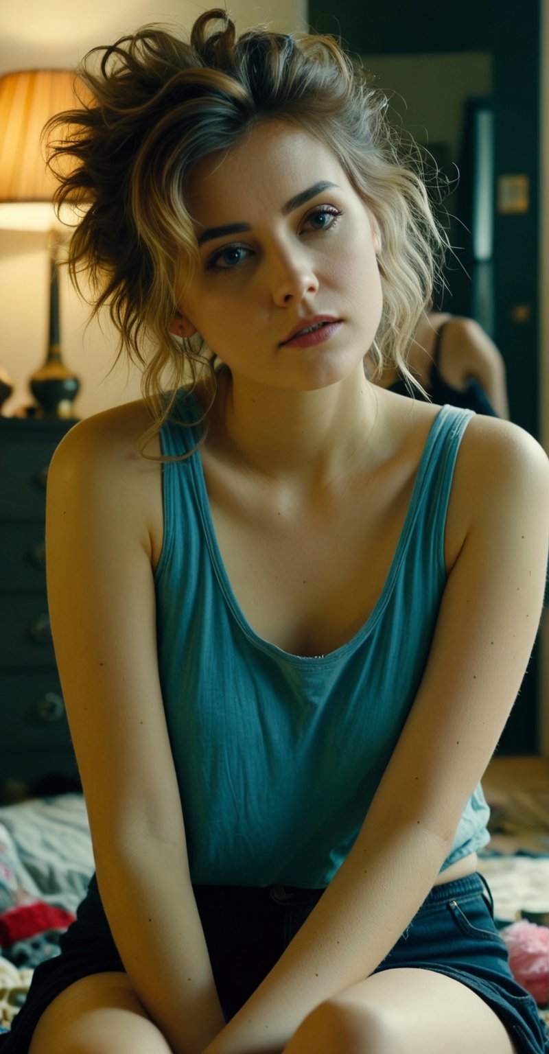 3/4 shot, film still of, an alluring woman with messy hair sitting on the floor of her bedroom looking at the camera, wearing a tank top, masterpiece, UHD