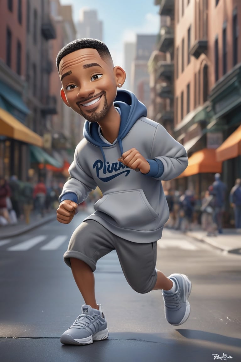 Pixar-style full-length caricature of a mischievous Will Smith in a dynamic pose on a bustling city street, wearing a sports sweatshirt, created by Greg Rutkowski with sharp focus, depth of field, perfect composition and intricate details. , trending on ArtStation and featured on Pixiv Fanbox, digital art, 8K HDR, ultra-realistic, with the feeling