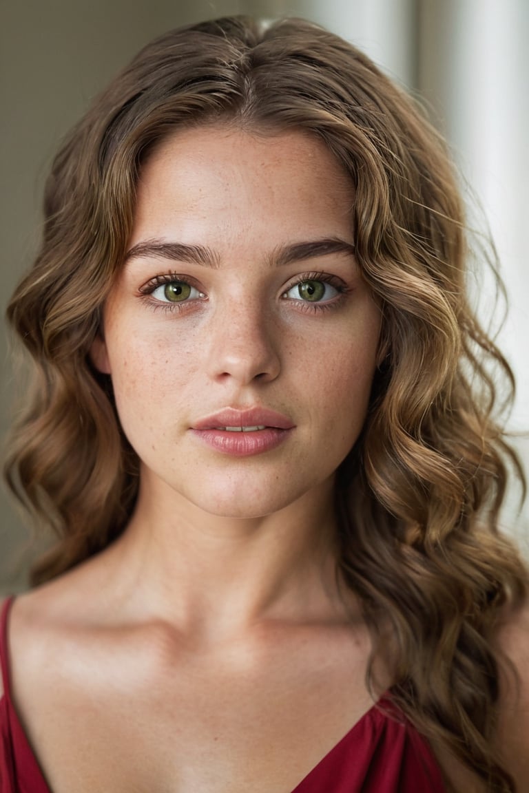 a confident, beautiful young woman. her shoulder length wavy brown hair frames her face. (freckles:0.4) natural beauty. beautiful green and brown eyes. full lips. The image has a neutral color tone with natural light setting. f/5.6 50mm, close-up, sharp focus on the eyes, (Best Quality:1.4), (Ultra realistic, Ultra high res), Highly detailed, Professional Photography, full body shot, she is wearing red dress, show torso