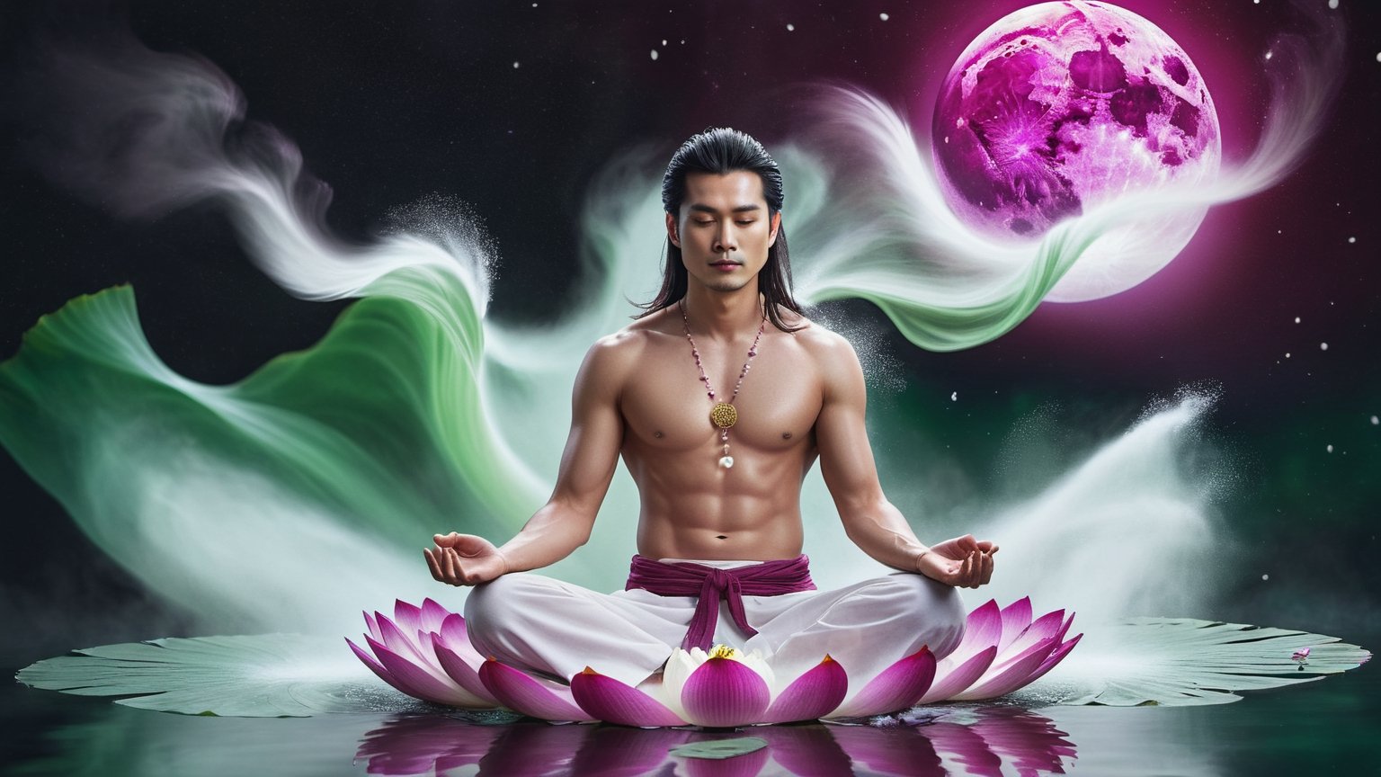 ((Astral Projection)) A beautiful chinese man (model) with dark hair and body resembling steam in water,  meditating in lo...