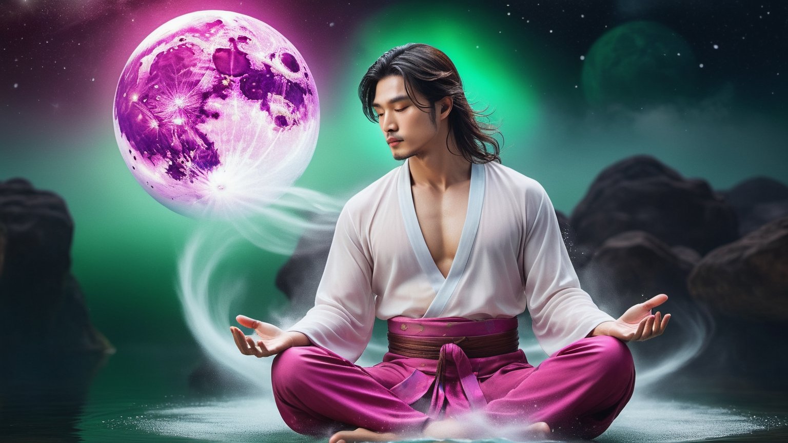 ((Astral Projection)) A beautiful chinese man (model) with dark hair and body resembling steam in water,  meditating in lo...