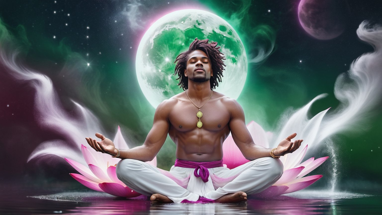 ((Astral Projection)) A beautiful black man (model) with dark hair and body resembling steam in water,  meditating in lotu...