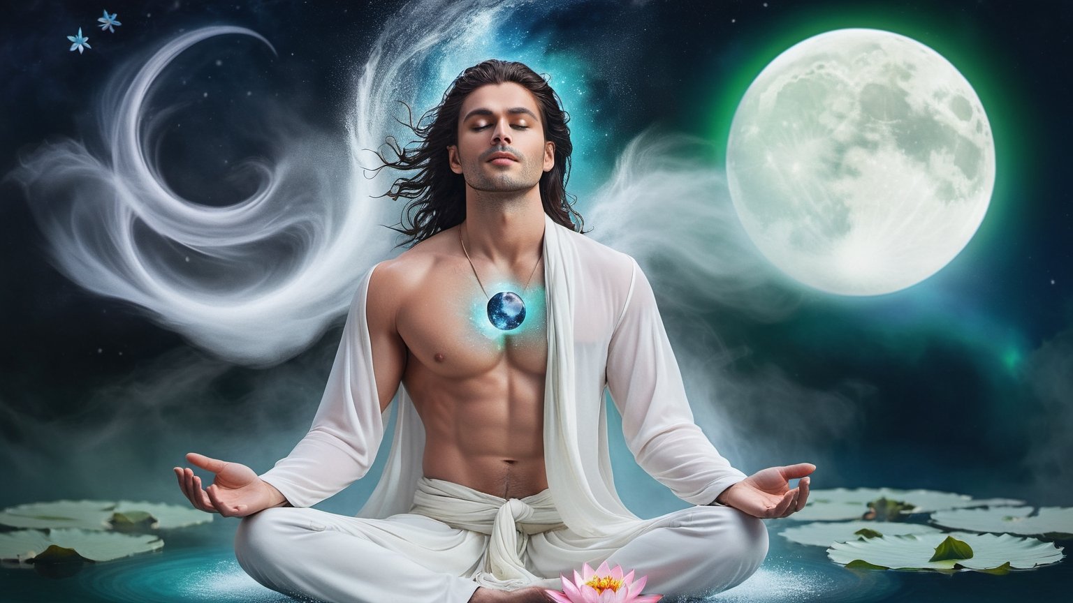 (Astral Projection) A beautiful man (model) with dark hair and body resembling steam in water,  meditating in lotus positi...