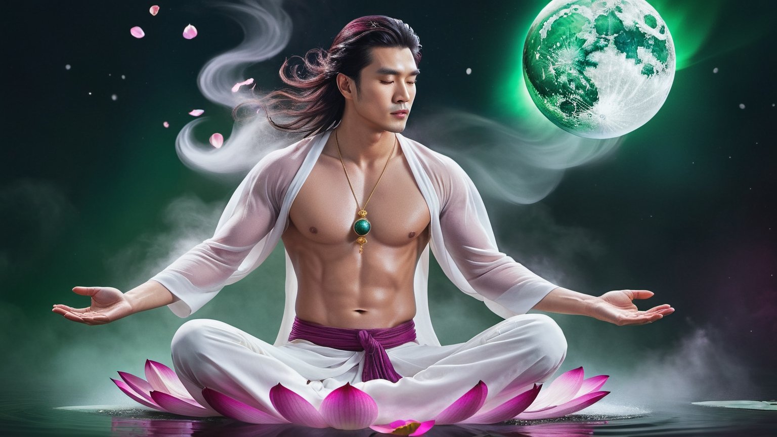 ((Astral Projection)) A beautiful chinese man (model) with dark hair and body resembling steam in water,  meditating in lo...