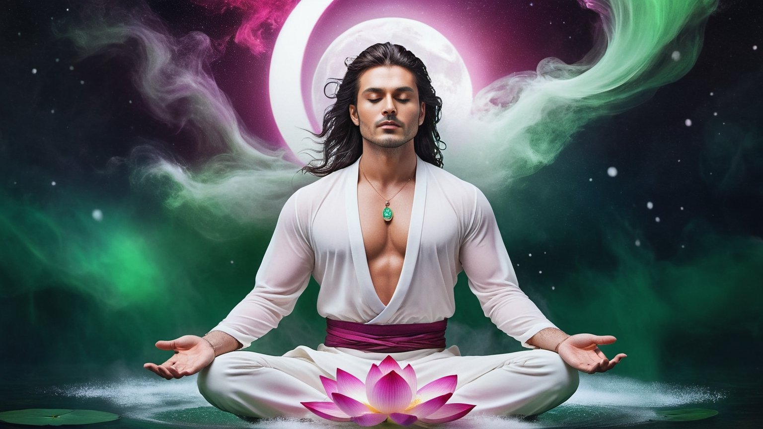 ((Astral Projection)) A beautiful man (model) with dark hair and body resembling steam in water,  meditating in lotus posi...