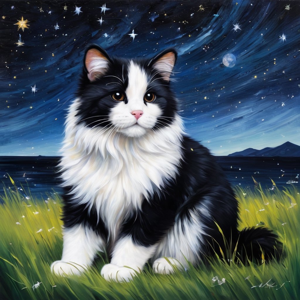 ((Little Ghost:1.5)Oil painting, heavy texture, the background is Taiwan's harbor at night, the sky is full of stars, the Milky Way and the obvious Leo constellation can be seen in the sky. The Leo constellation is composed of line segments. A Taiwanese black bear. Sitting on the grass, short and quick strokes, wavy or spiral strokes, arc strokes, rough and intense strokes, super thick paint, to enhance calico cat's oil painting feel, the color is dull, calico cat accounts for The picture is in a small position. Complex background. Masterpiece,Ancient Chinese painting