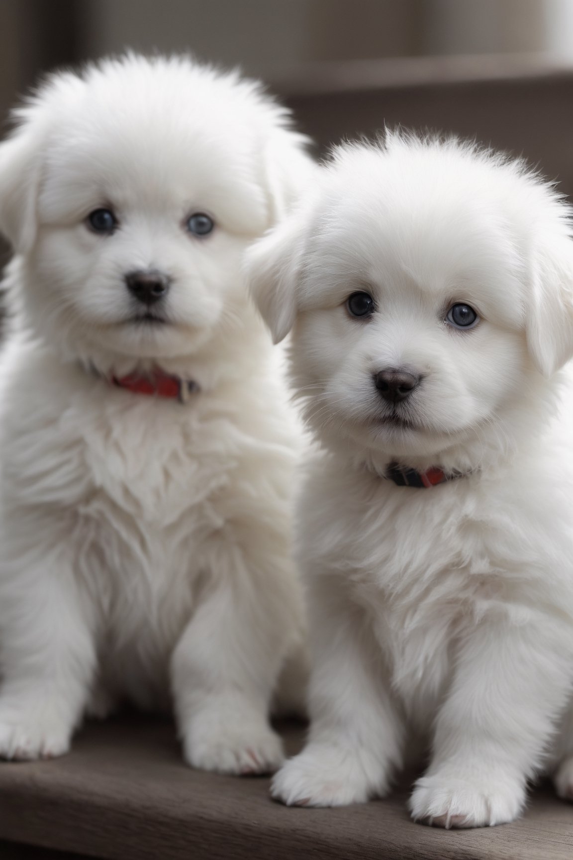 Two fluffy snow-white baby dogs, they have two pupils of different colors, their eyes are clear and full of details