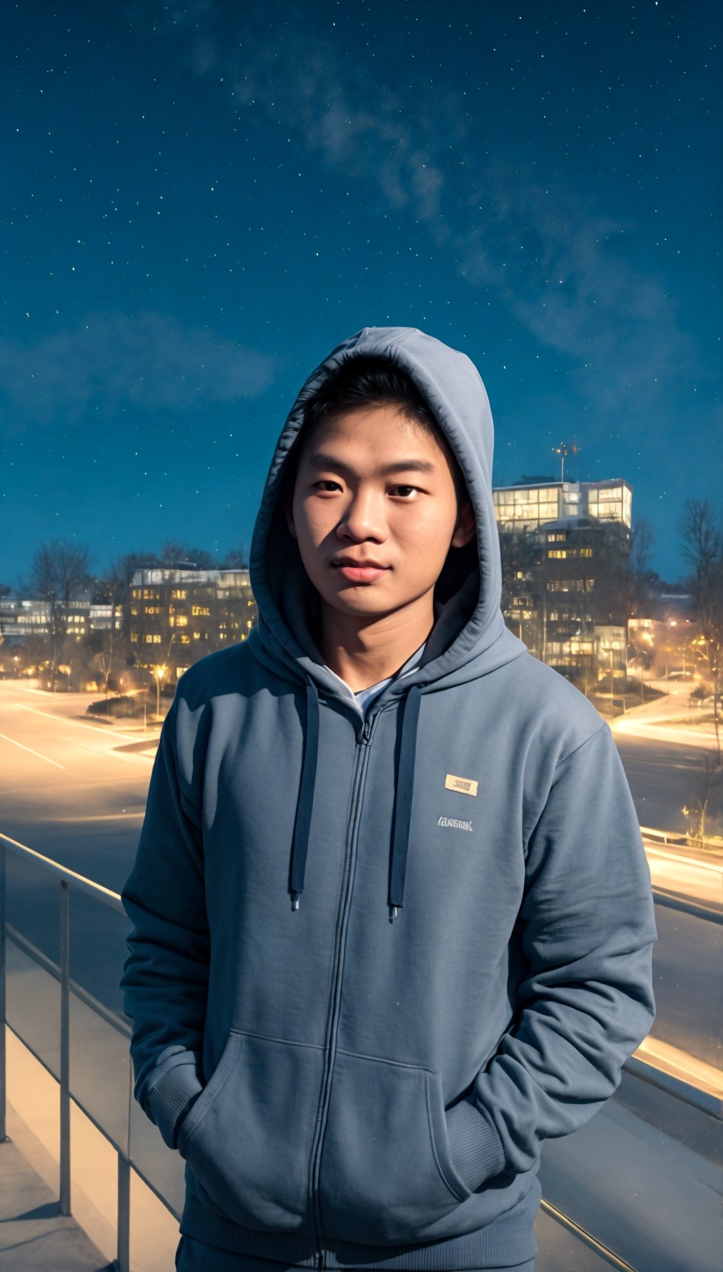 indonesian man, 20 years old man, wearing hoodie, hoodie, navy hoodie, winter background, city background, night sky