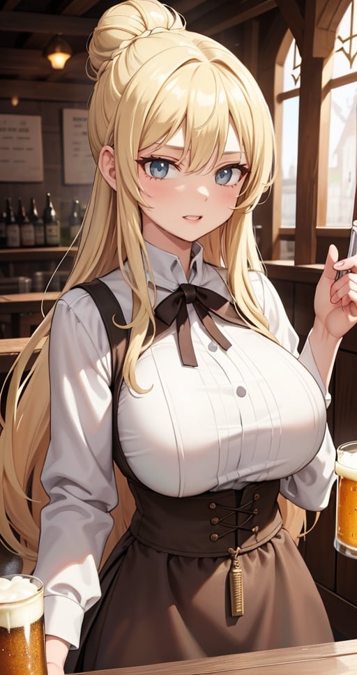 [Beautiful girl in medieval outfit, cheap ripped linen off white shirt and dark brown pants, oil painting, Detailed facial features, blonde long hair, hair in a bun, tavern enviroment, beers in background, bright colours, dramatic lighting, expressive eyes and lips, High Resolution, 4K quality, Photorealistic],mature female, green eyes, girl, eyes green