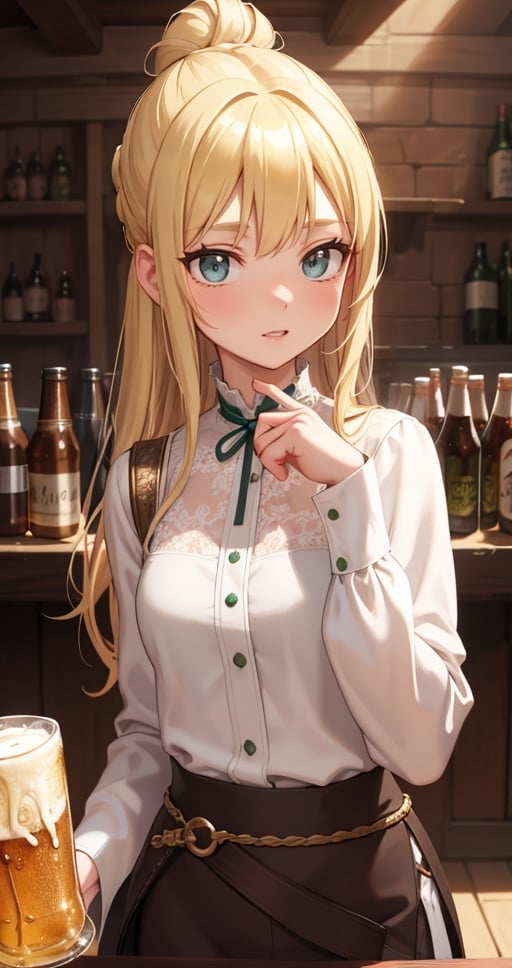 [Beautiful girl in medieval outfit, cheap ripped linen off white shirt and dark brown pants, oil painting, Detailed facial features, blonde long hair, hair in a bun, tavern enviroment, beers in background, bright colours, dramatic lighting, expressive eyes and lips, High Resolution, 4K quality, Photorealistic],mature female, green eyes, girl, eyes green