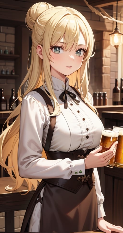 [Beautiful girl in medieval outfit, cheap ripped linen off white shirt and dark brown pants, oil painting, Detailed facial features, blonde long hair, hair in a bun, tavern enviroment, beers in background, bright colours, dramatic lighting, expressive eyes and lips, High Resolution, 4K quality, Photorealistic],mature female, green eyes, girl, eyes green