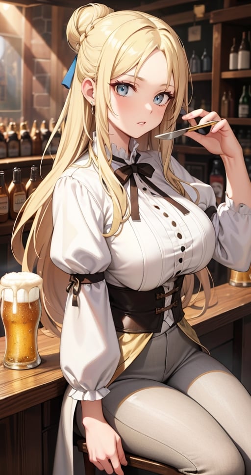 [Beautiful girl in medieval outfit, cheap ripped linen off white shirt and dark brown pants, oil painting, Detailed facial features, blonde long hair, hair in a bun, tavern enviroment, beers in background, bright colours, dramatic lighting, expressive eyes and lips, High Resolution, 4K quality, Photorealistic],mature female, green eyes, girl, eyes green