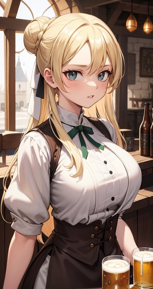 [Beautiful girl in medieval outfit, cheap ripped linen off white shirt and dark brown pants, oil painting, Detailed facial features, blonde long hair, hair in a bun, tavern enviroment, beers in background, bright colours, dramatic lighting, expressive eyes and lips, High Resolution, 4K quality, Photorealistic],mature female, green eyes, girl, eyes green