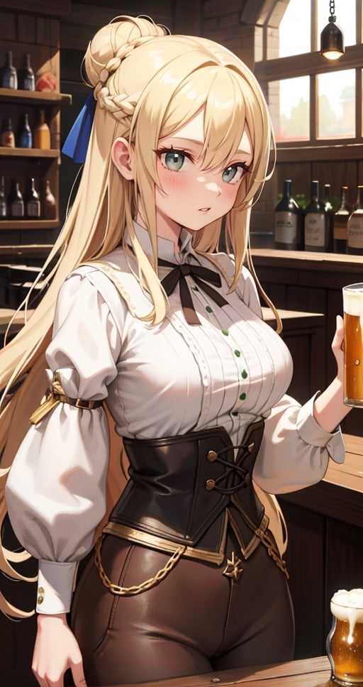 [Beautiful girl in medieval outfit, cheap ripped linen off white shirt and dark brown pants, oil painting, Detailed facial features, blonde long hair, hair in a bun, tavern enviroment, beers in background, bright colours, dramatic lighting, expressive eyes and lips, High Resolution, 4K quality, Photorealistic],mature female, green eyes, girl, eyes green