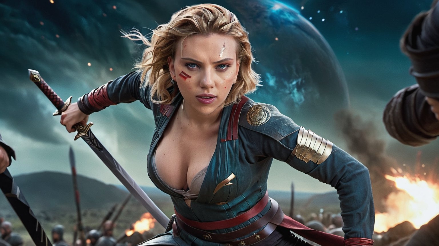 1girl, solo, full body view, legs, fighting position, Scarlett Johansson as ”the Widdow”, in the middle of the battle, epic fight scene, swords, ninjas, full body shot, stars and planets in the background, perfect face, perfect eyes, HD details, high details, sharp focus, studio photo, HD makeup, shimmery makeup, ((centered image)) (HD render) Studio portrait, magic, magical, fantasy. ,ScarlettJohansson