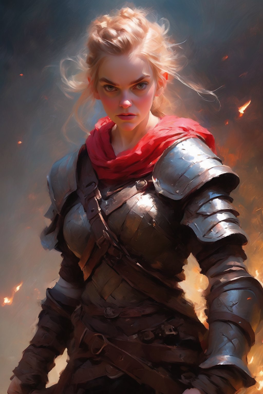 style of Wlop, loish, oil painting, realistic drawing, female, dwarf, photo realistic sketch, dynamic angle, dnd  character design, adventurer, warrior, experienced, dark theme, dynamic perspective, portrait,   heroic fantasy,  cheerful spirit,  skinny, sedentary, ugly, pale skin,  abstract canvas background