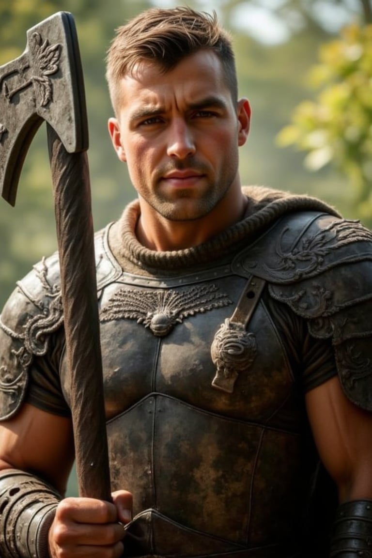 A Handsome male Viking warrior, sporting a strong jawline and piercing dark brown eyes, stands proudly in armor attire. He holds a mighty axe, its intricate carvings glistening in the warm sunlight casting a heroic glow on his chiseled features.