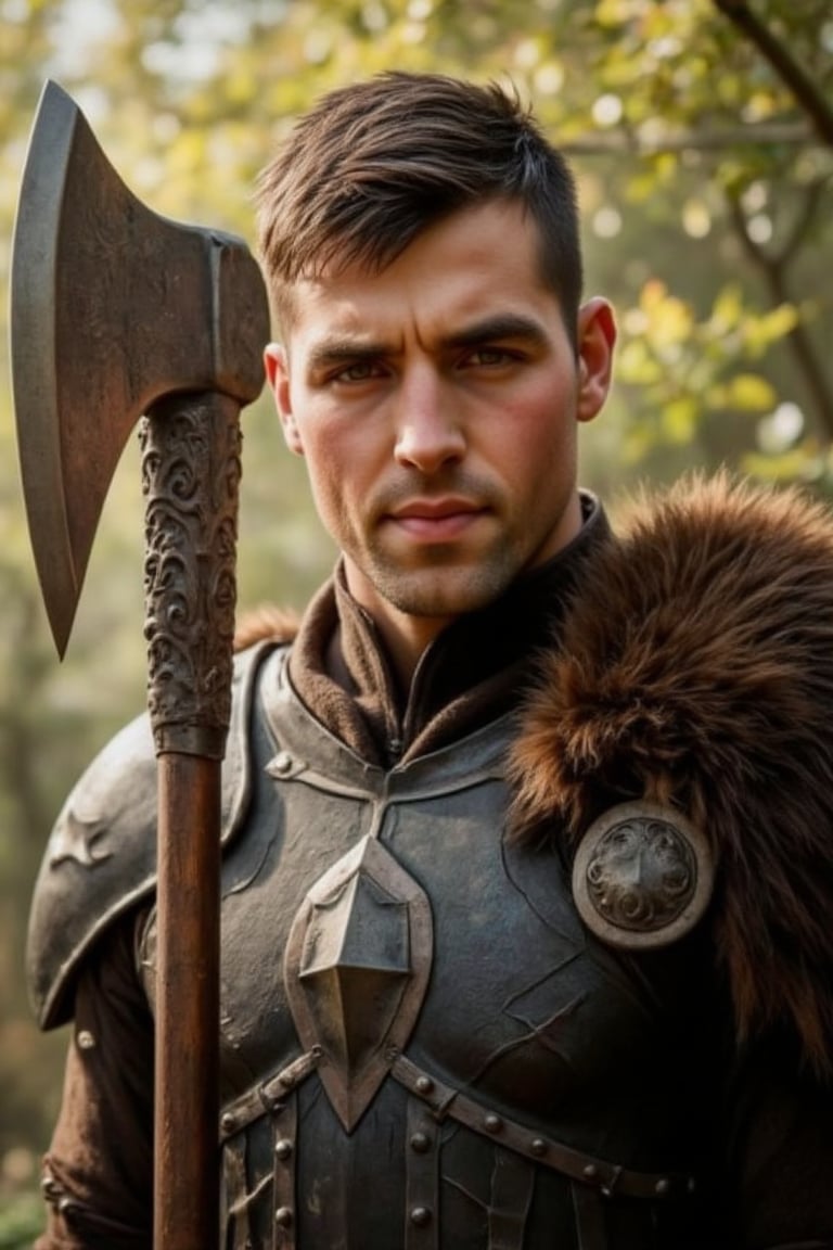 A Handsome male Viking warrior, sporting a strong jawline and piercing dark brown eyes, stands proudly in armor attire. He holds a mighty axe, its intricate carvings glistening in the warm sunlight casting a heroic glow on his chiseled features.