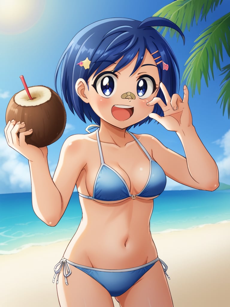 1girl, solo, ohosinagisa, blue hair, short hair, hairclip, blue eyes, bandaid on nose, blue bikini, outdoors, beach, holding, coconut, open mouth, smile, standing