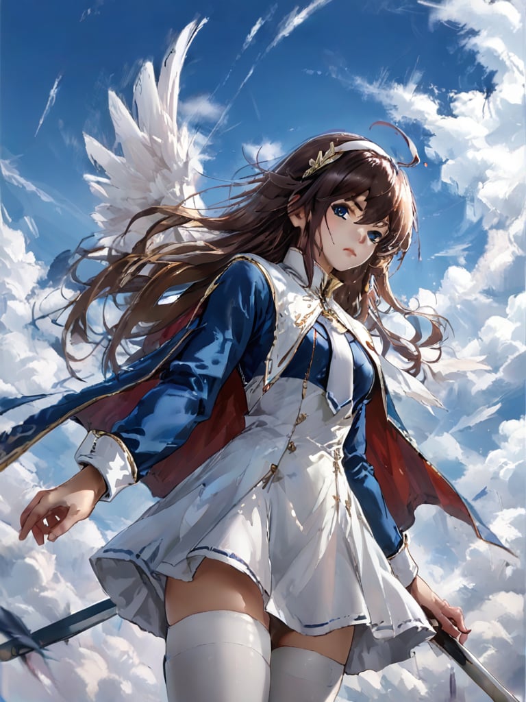 score_9,score_8_up,score_7_up,score_6_up,score_5_up,score_4_up, XUER guangying, 1girl, solo, ceciliamiteids, brown hair, long hair, blue eyes, white hairband, ahoge, blue shirt, long sleeves, white capelet, white necktie, white skirt, white thighhighs, angel wings, sky, clouds, flying, jumping, from below, outstreched wings, looking at viewer, serious, holding, sword,