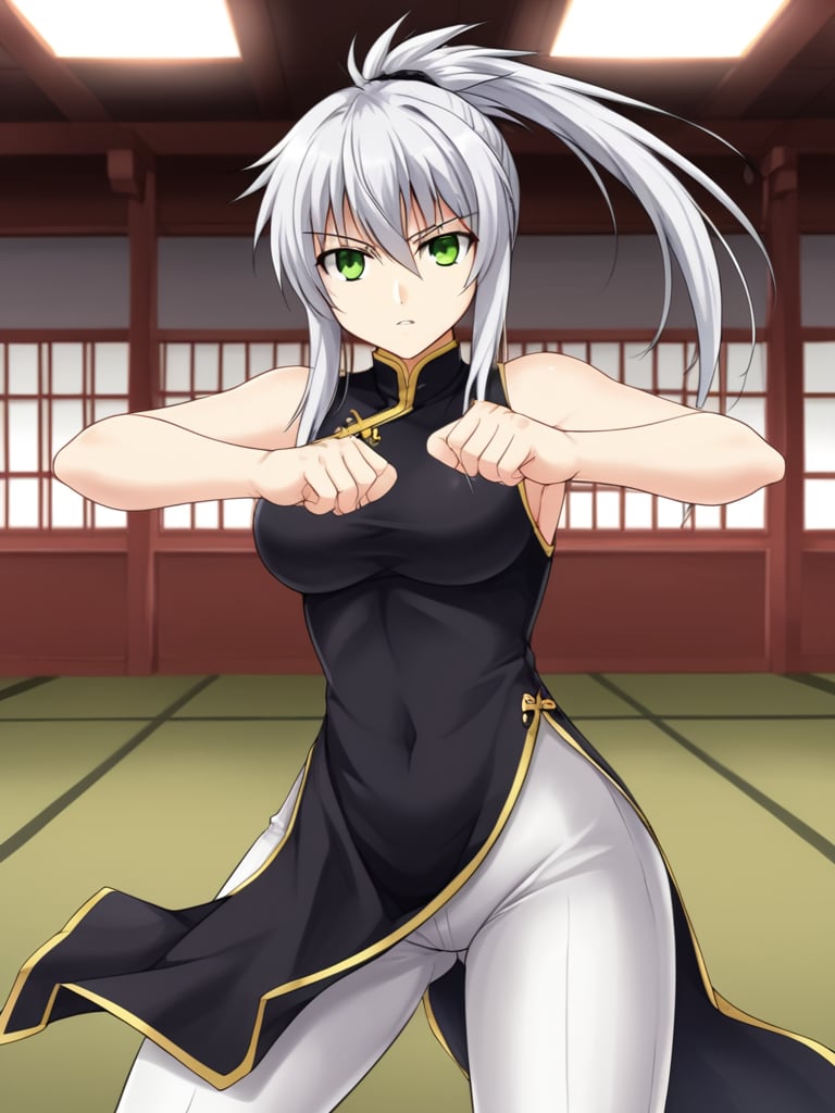 1girl, solo, anerrolange, white hair, ponytail, green eyes, chinese clothes, black qipao, white pants, indoors, standing, fighting stance, looking at viewer, serious, parted lips