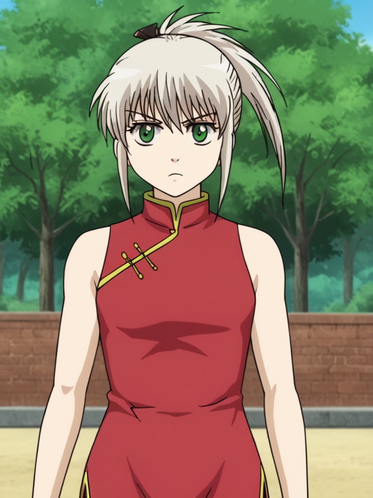 1girl, solo, anerrolange, white hair, ponytail, green eyes,Chinese clothes, red China dress, outdoors, standing, serious, looking at viewer, cowboy shot