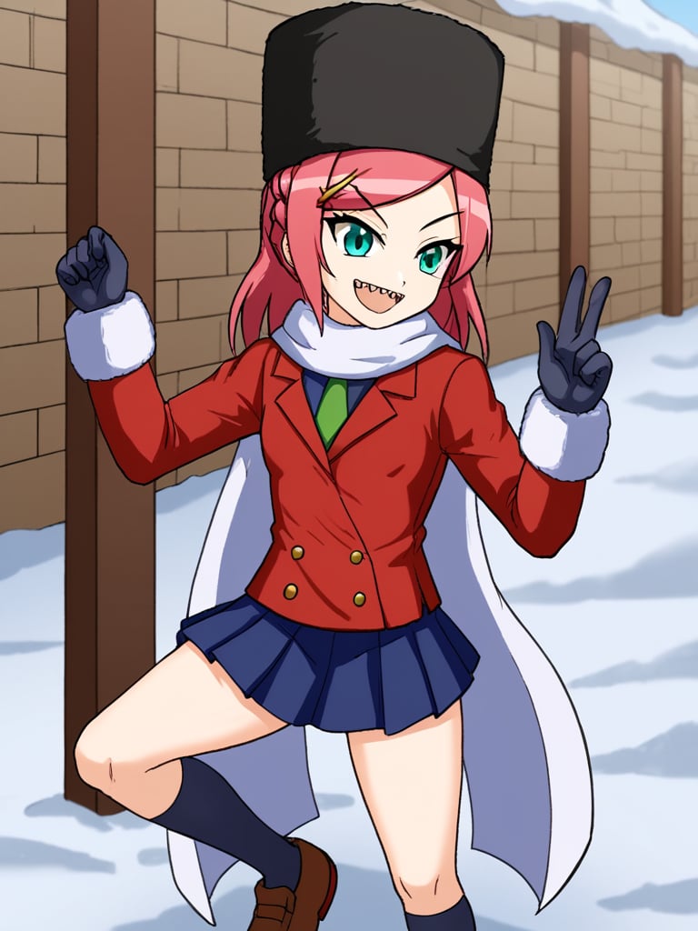 1girl, solo, olgamugen, pink hair, hairclip, braid, medium hair, black hat, fur hat, ushanka, green eyes, ushanka, white scarf, red blazer, long sleeves, green necktie, arm warmers, black gloves, blue skirt, single red thighhigh, blue kneehighs, brown shoes, outdoors, winter, snow, cowboy shot, sharp teeth, smile, stepping on a stone