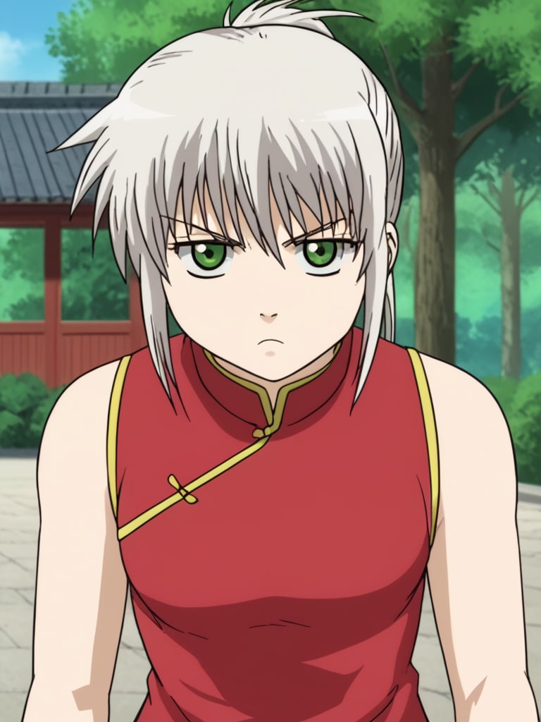 1girl, solo, anerrolange, white hair, ponytail, green eyes,Chinese clothes, red China dress, outdoors, standing, serious, looking at viewer, cowboy shot