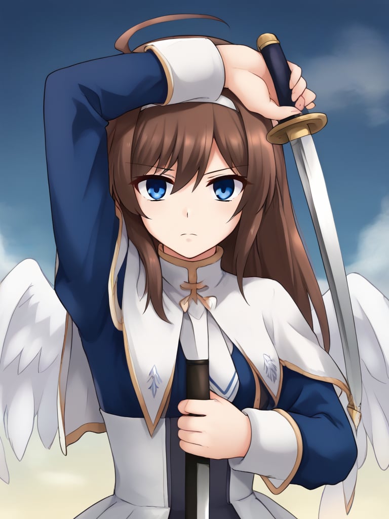 1girl, solo, ceciliamiteids, brown hair, long hair, blue eyes, white hairband, ahoge, blue shirt, long sleeves, white capelet, white necktie, white skirt, white thighhighs, angel wings, sky, clouds, looking at viewer, serious, arm up unsheathing sword