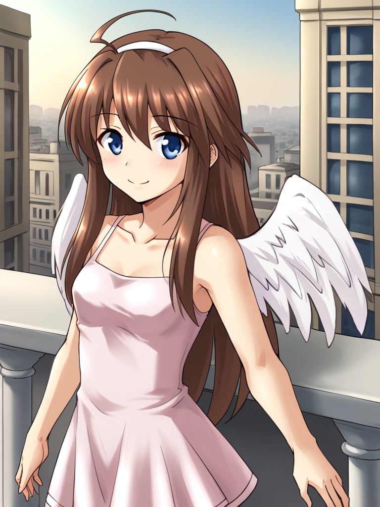 1girl, solo, ceciliamiteids, brown hair, long hair, blue eyes, white hairband, ahoge, angel wings, pink dress, short dress, sleeveless, collarbone, standing, balcony, cityscape, smile