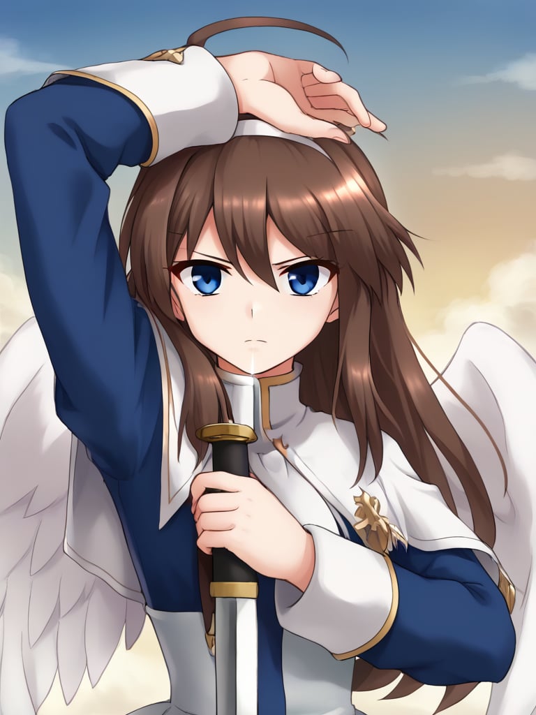 1girl, solo, ceciliamiteids, brown hair, long hair, blue eyes, white hairband, ahoge, blue shirt, long sleeves, white capelet, white necktie, white skirt, white thighhighs, angel wings, sky, clouds, looking at viewer, serious, arm up unsheathing sword