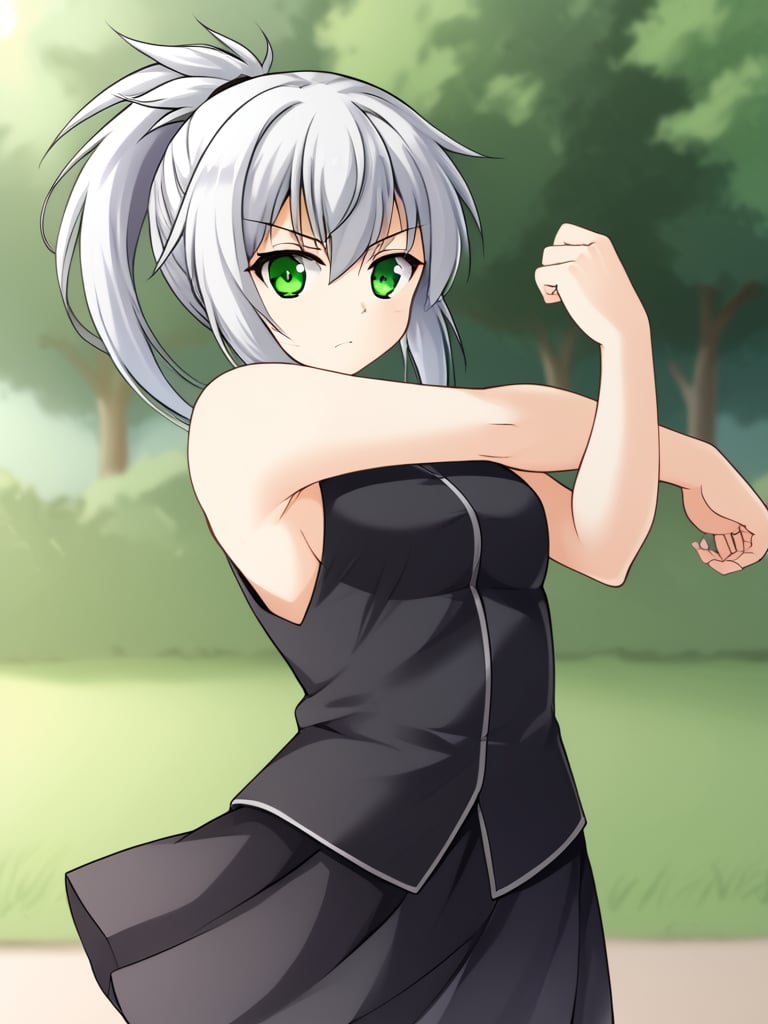 1girl, solo, anerrolange, white hair, ponytail, green eyes, black shirt, sleeveless, black skirt, outdoors, standing, serious, looking at viewer, cowboy shot, cross-body stretch, stretching