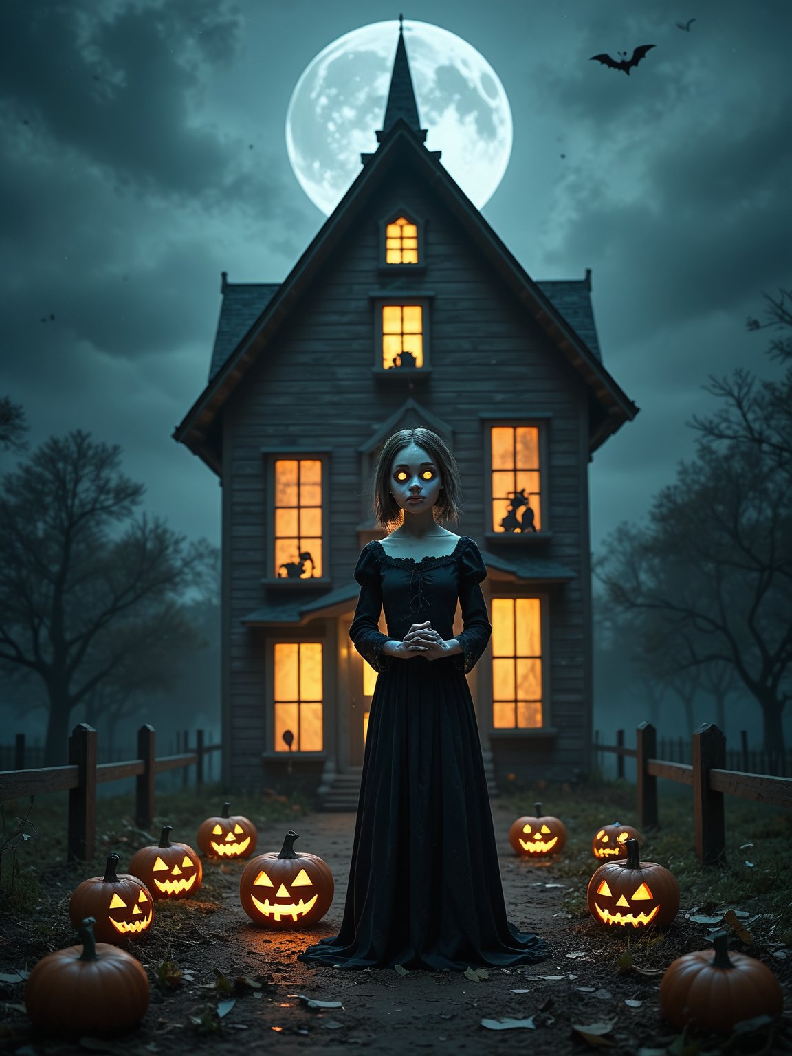 score_9, score_8_up, score_7_up, score_6_up, Halloween, moonlit night, supernatural, haunted house, eerie ambiance, darkness shadows, delightful spookiness.,A cute helloween doll, This painting captures the enchantment of Halloween, where the border between the living and the supernatural is blurred, and a sense of delightful spookiness fills the night, A haunted house stands in the background, with its windows glowing with an unnatural, ghostly radiance. It beckons the curious and the brave to explore its mysteries.ink painting, of a cute helloween doll, Halloween Night,