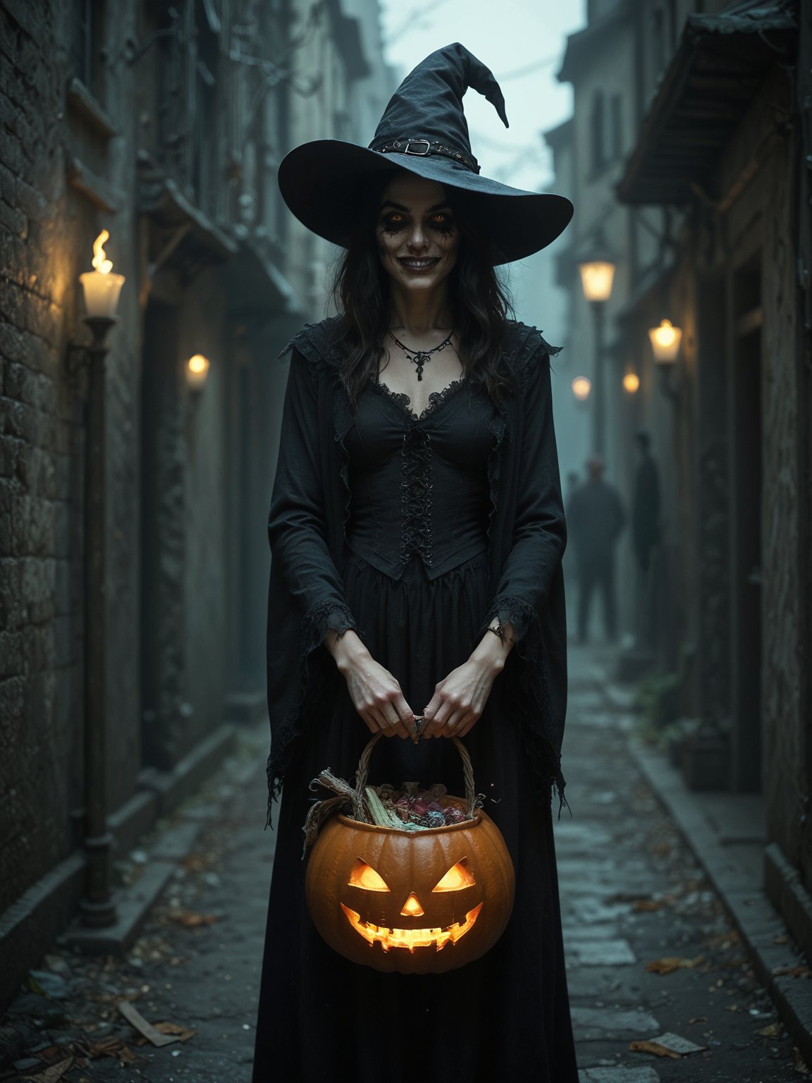 score_9, score_8_up, score_7_up, score_6_up, rating_explicit, rating_safe, witch, madness smile, (Halloween candys:1.5), Halloween themed bag, dark alley, night 