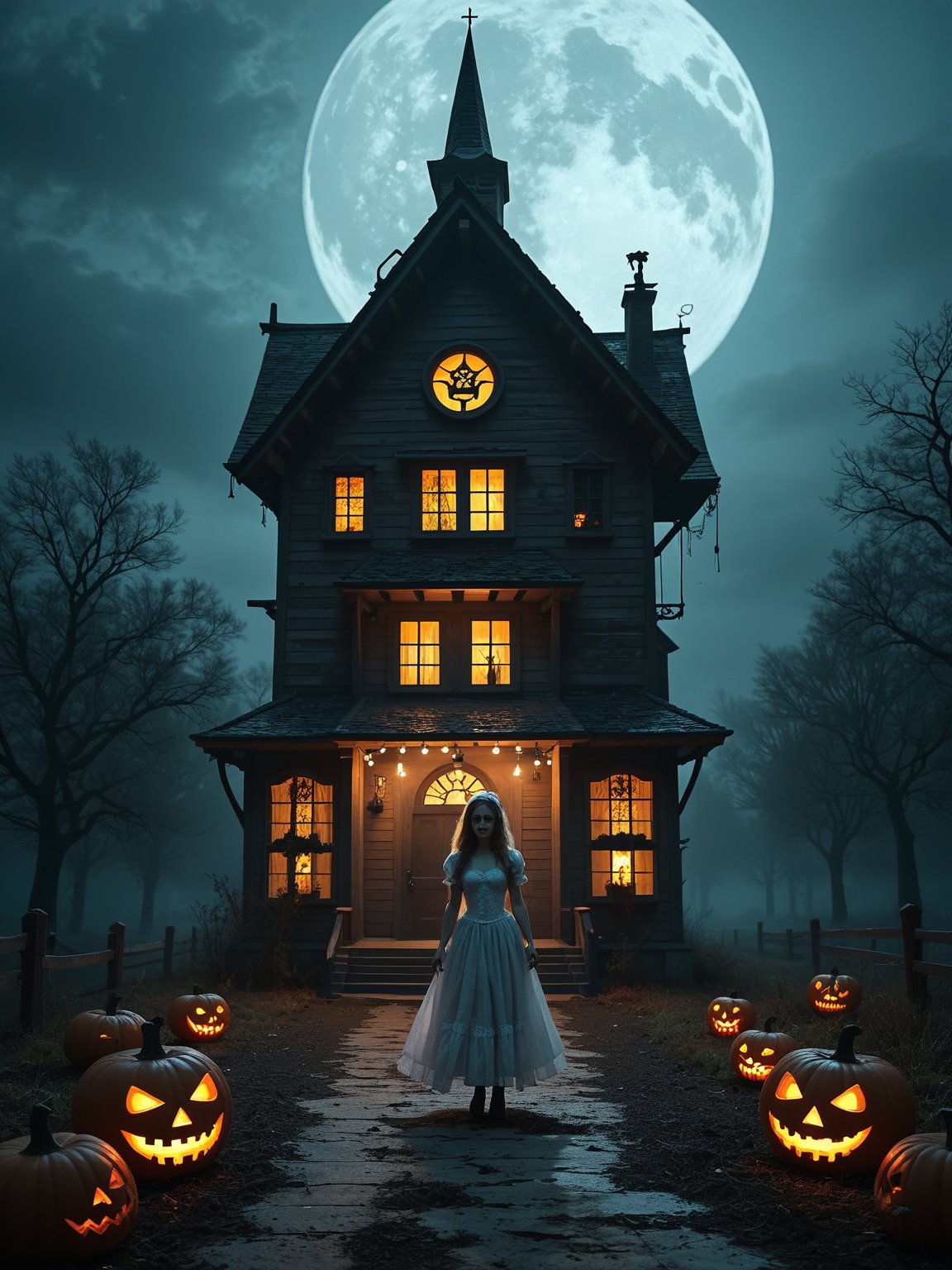 score_9, score_8_up, score_7_up, score_6_up, Halloween, moonlit night, supernatural, haunted house, eerie ambiance, darkness shadows, delightful spookiness, cute helloween doll, A haunted house stands in the background, with its windows glowing with an unnatural, ghostly radiance. It beckons the curious and the brave to explore its mysteries. cute helloween doll posing, Halloween Night,