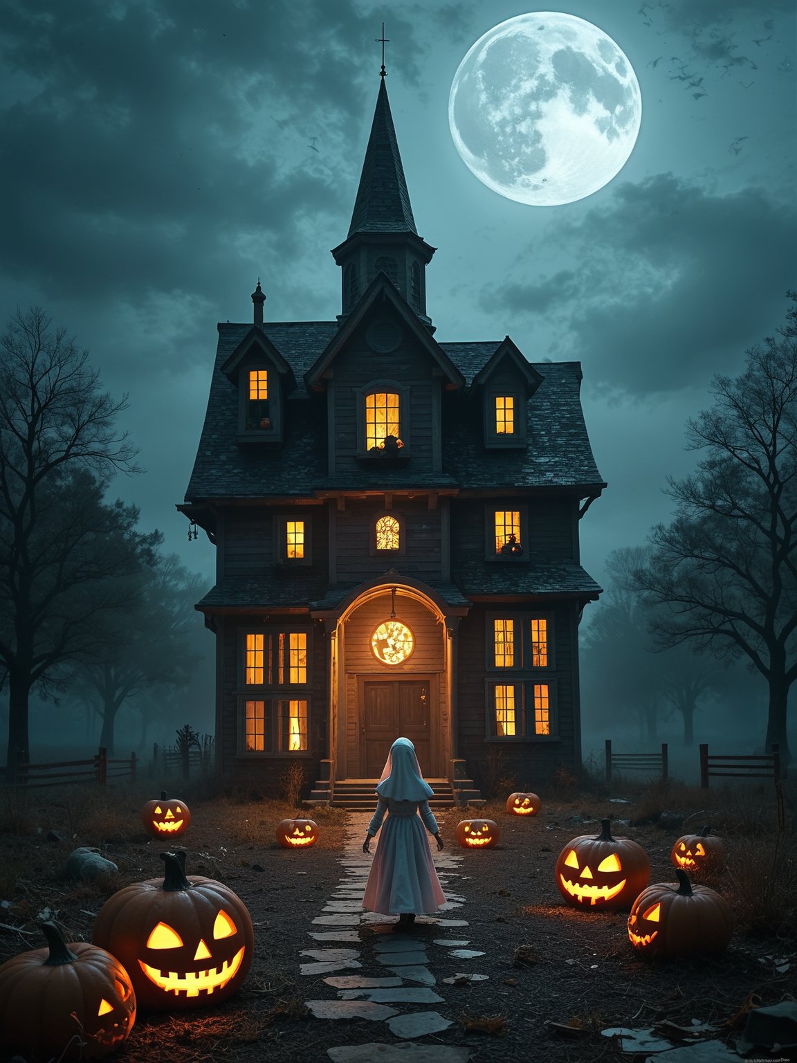 score_9, score_8_up, score_7_up, score_6_up, Halloween, moonlit night, supernatural, jack-o'-lanterns, trick-or-treating, haunted house, eerie ambiance, playful mischief, mysterious shadows, delightful spookiness.,A cute helloween doll, This painting captures the enchantment of Halloween, where the border between the living and the supernatural is blurred, and a sense of delightful spookiness fills the night. It's a tribute to a holiday that revels in the unknown, where both young and old embrace the thrill of the eerie and macabre. ,A haunted house stands in the background, with its windows glowing with an unnatural, ghostly radiance. It beckons the curious and the brave to explore its mysteries.ink painting, of a cute helloween doll, Halloween Night,