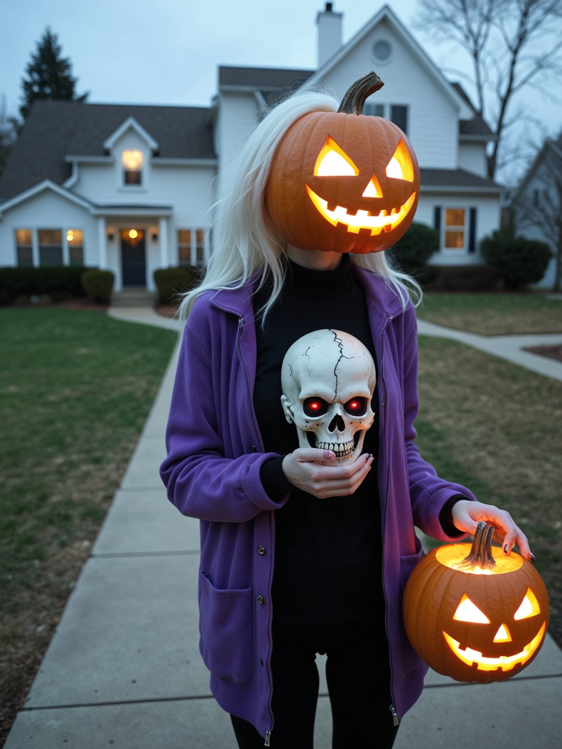 RAW photo, Long shot, wide angle, (caricature of scary skeleton woman, pale face), red glowing hollowed eyes, wery long white hair, baring sharp fangs, (wearing purple long jacket, black sweater), holds a big pumkin carved in the style of scary Jack-O-Lantern for Halloween, carved with menacing sharp teeth, at front yard of a single story house, lighted lamps post, eerie night hour