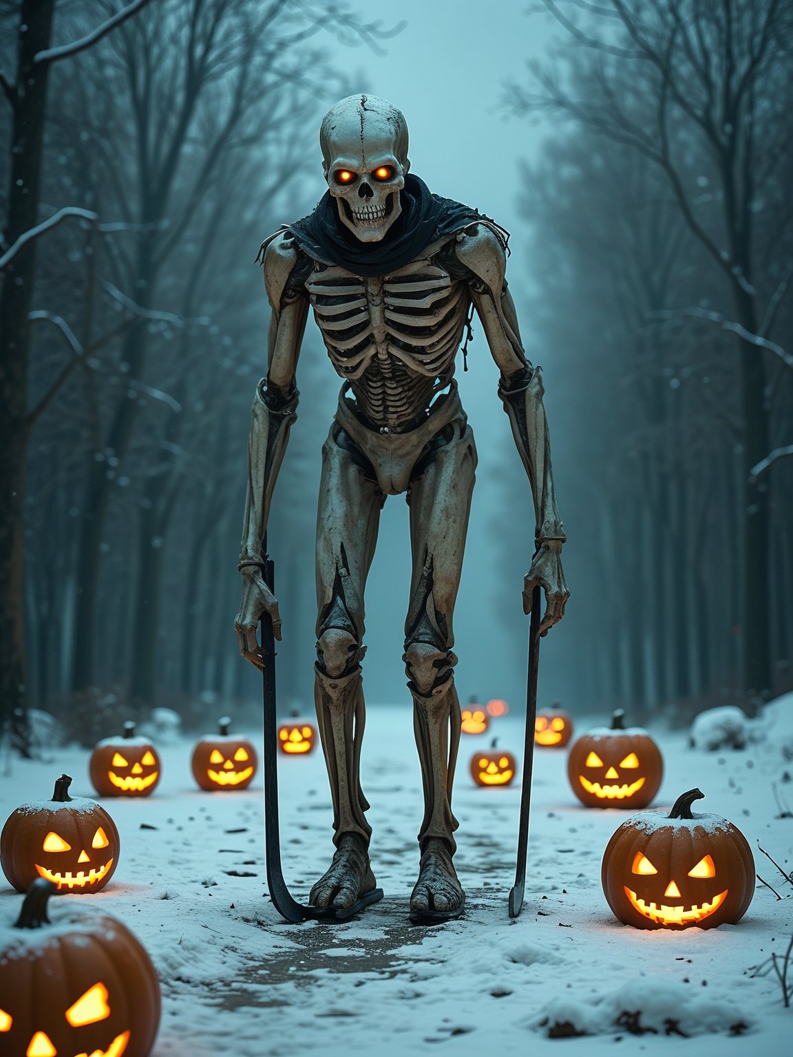 score_9, score_8_up, score_7_up, score_6_up, snowy, high-altitude ski slope, skeleton equipped with skis, slaloms down the hill. The bony figure, glowing Halloween pumpkins, These pumpkins have carved faces, their eerie grins glowing with a warm, orange light, contrasting with the icy blue surroundings. The skeleton’s hollow eye sockets and jaw are set in a determined expression, while the dark, skeletal frame appears somewhat whimsical against the snowy white backdrop. atmosphere blends winter sports with Halloween spookiness in a playful yet eerie way.