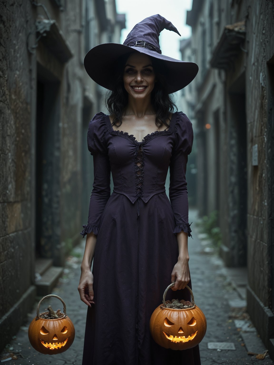 score_9, score_8_up, score_7_up, score_6_up, rating_explicit, rating_safe, witch, madness smile, (candys:1.5), Halloween themed bag, purple dress, dark alley, night 