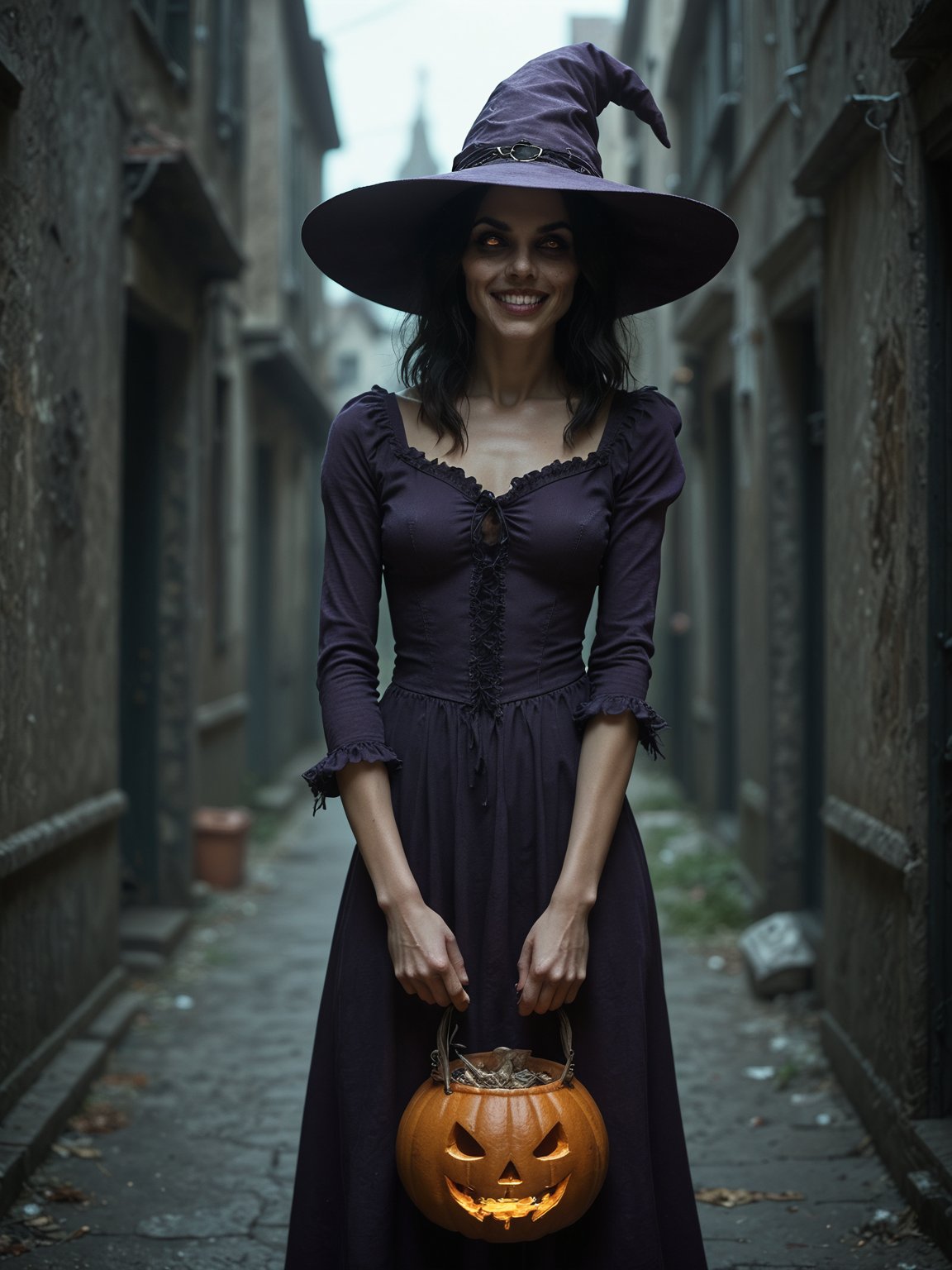 score_9, score_8_up, score_7_up, score_6_up, rating_explicit, rating_safe, witch, madness smile, (candys:1.5), Halloween themed bag, purple dress, dark alley, night 