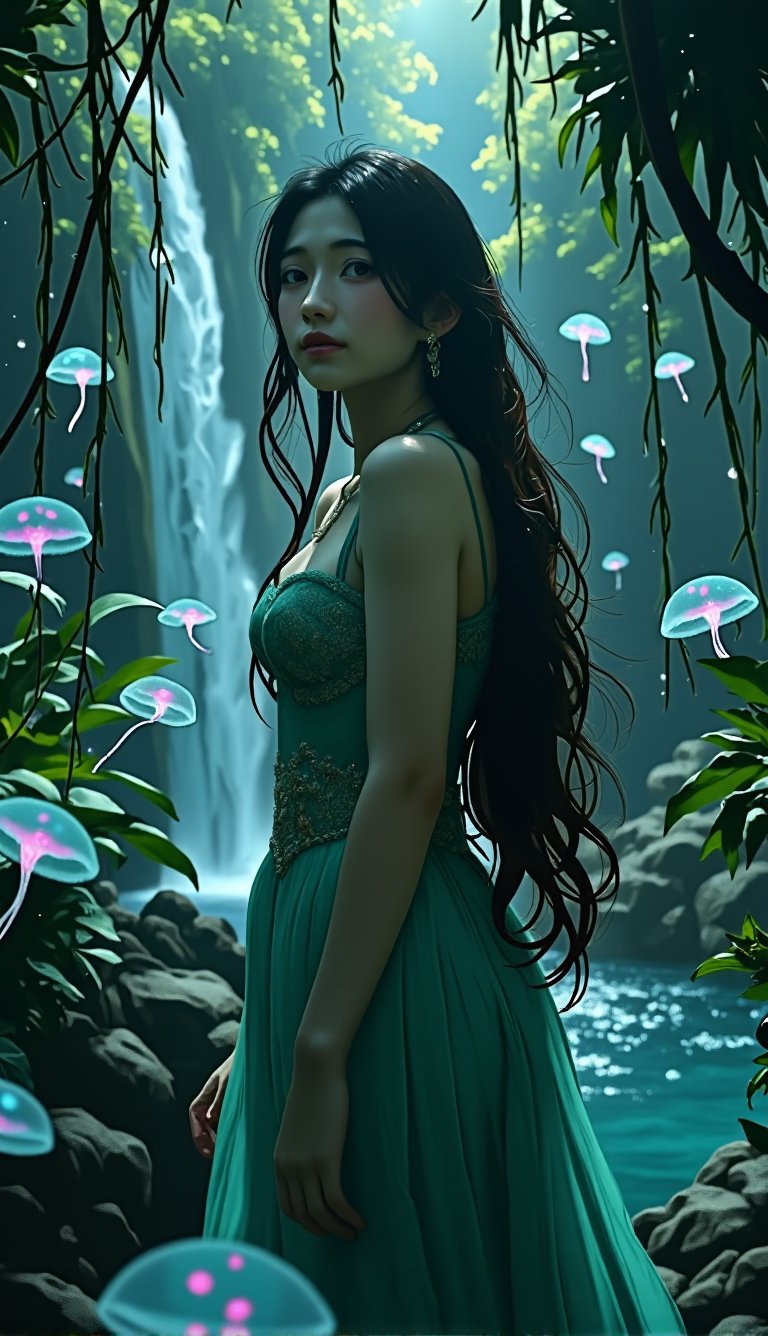 An Asian young woman with long flowing hair, adorned in a delicate emerald green gown, surrounded by a mesmerizing rainforest waterfall environment. She stands amidst a dance of luminescent jellyfish, which glow in hues of pink and blue. The backdrop is a cascading waterfall, punctuated by the soft glow of bioluminescent plants and the gentle mist of water. The woman's gaze is distant, as if lost in thought, while the jellyfish float gracefully around her, creating an ethereal and dreamlike atmosphere.