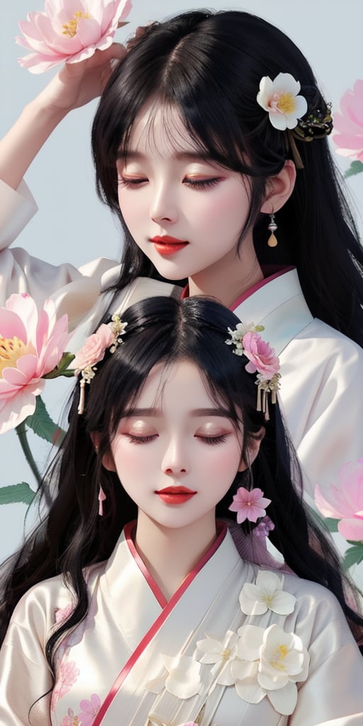 1girl, solo, black hair, hair ornament, long sleeves, holding, closed eyes, flower, hair flower, makeup, chinese clothes, lipstick, hand fan, hair rings, realistic, holding fan, paper fan, korean clothes, hanfu, hanbok, peony \(flower\).