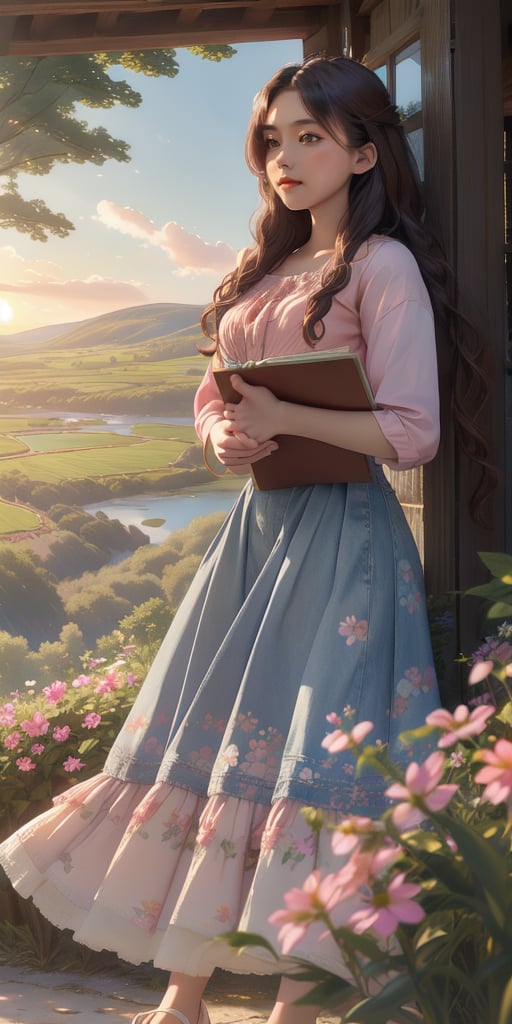 A serene setting sun casts a warm glow on the scene as a young woman sits comfortably, sketchbook in hand, her creative expression unfolding before her. A flowy floral denim skirt flutters around her legs, paired with a soft pink blouse, as her long locks cascade down her back like a golden waterfall. Against this idyllic backdrop, majestic trees stretch towards the sky, their leaves rustling gently in the breeze, while rolling hills and a serene lake shimmer in the distance.